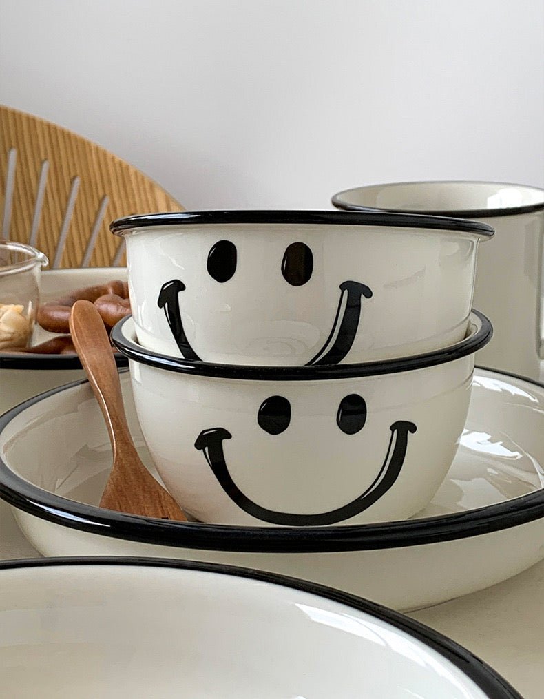 Smile Face Black & White Series Tableware Set - Modern Monochrome Design | Thick Ceramic - Wuli Home