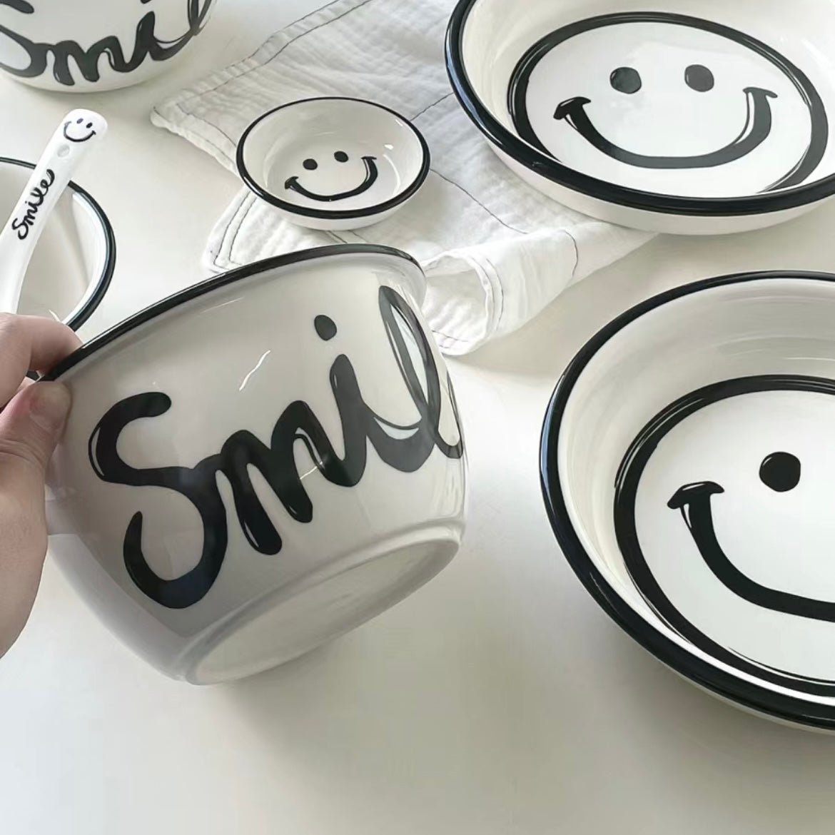 Smile Face Black & White Series Tableware Set - Modern Monochrome Design | Thick Ceramic - Wuli Home