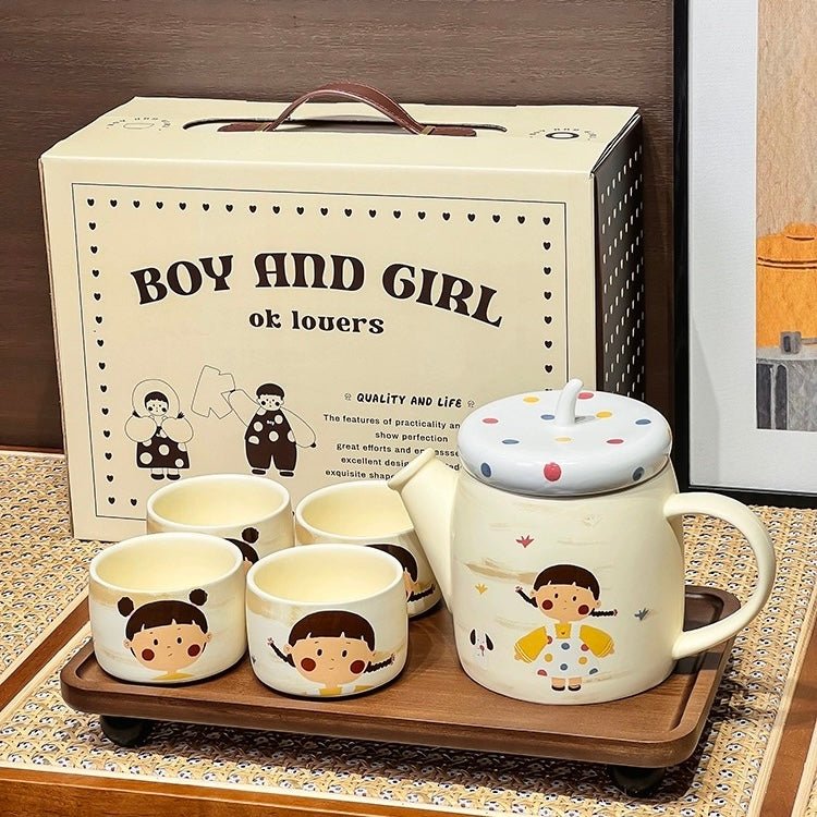 Vintage Comic Girl Tea Set Gift Box | One Pot Four Cups | Housewarming & Birthday Gift - Wuli Home