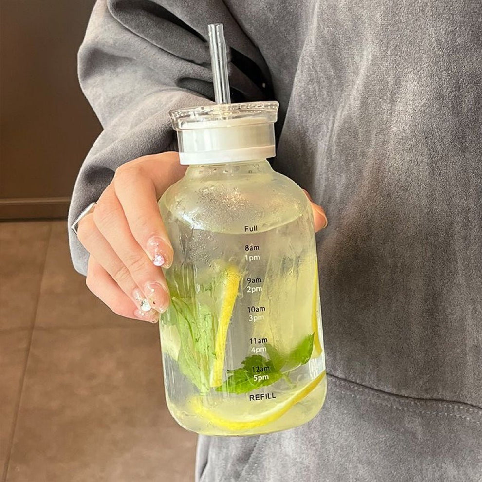 White Time Scale Glass Straw Cup with 2 Lids - Straw & Sealed Lid ...