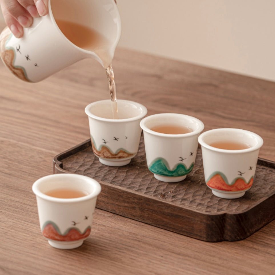 White Porcelain Tea Cup Gift Set - Hand-Painted Mountain Design, 40ML Capacity, Perfect for Gifting - Wuli Home