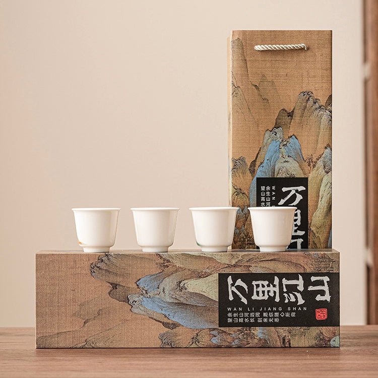 White Porcelain Tea Cup Gift Set - Hand-Painted Mountain Design, 40ML Capacity, Perfect for Gifting - Wuli Home