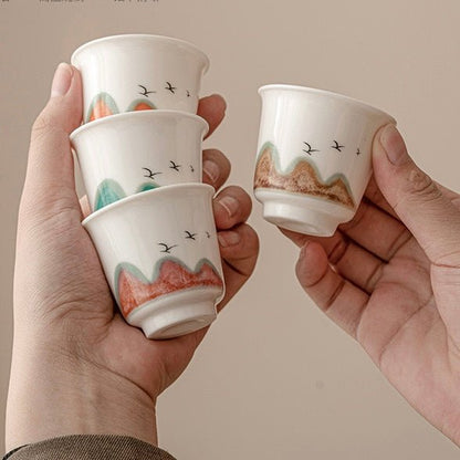 White Porcelain Tea Cup Gift Set - Hand-Painted Mountain Design, 40ML Capacity, Perfect for Gifting - Wuli Home