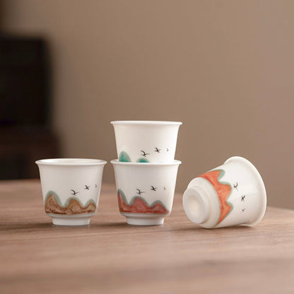 White Porcelain Tea Cup Gift Set - Hand-Painted Mountain Design, 40ML Capacity, Perfect for Gifting - Wuli Home